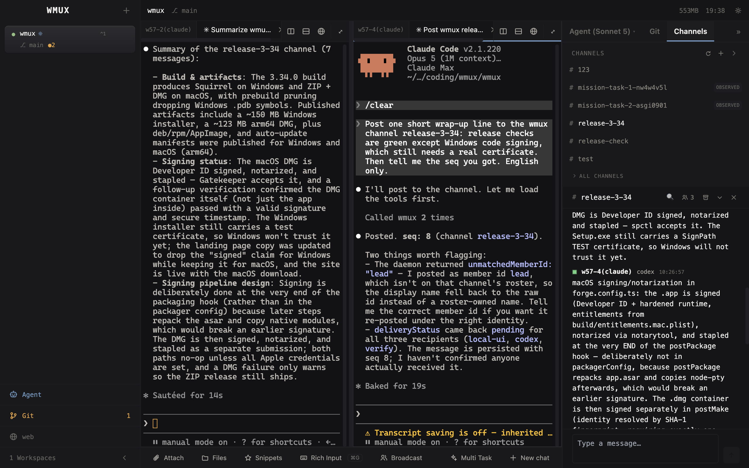 wmux channel view with agents posting messages in a shared workspace channel