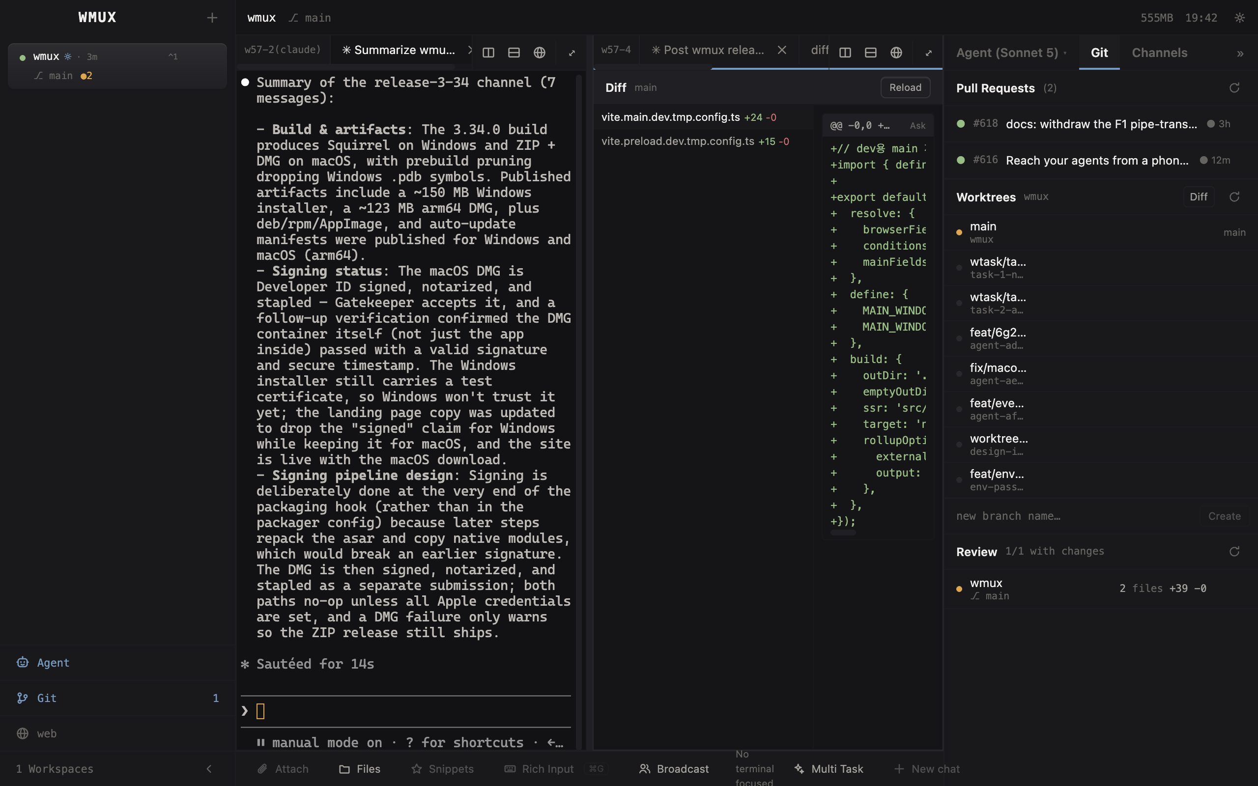 Worktree fan-out: eight parallel worktrees with a hunk-level diff open in wmux