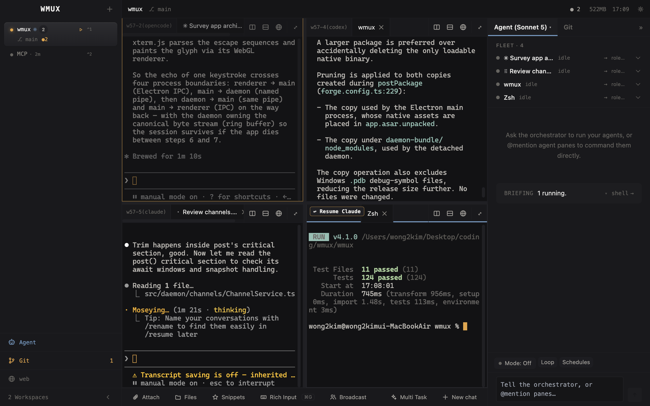wmux running four AI coding agents side by side in one window