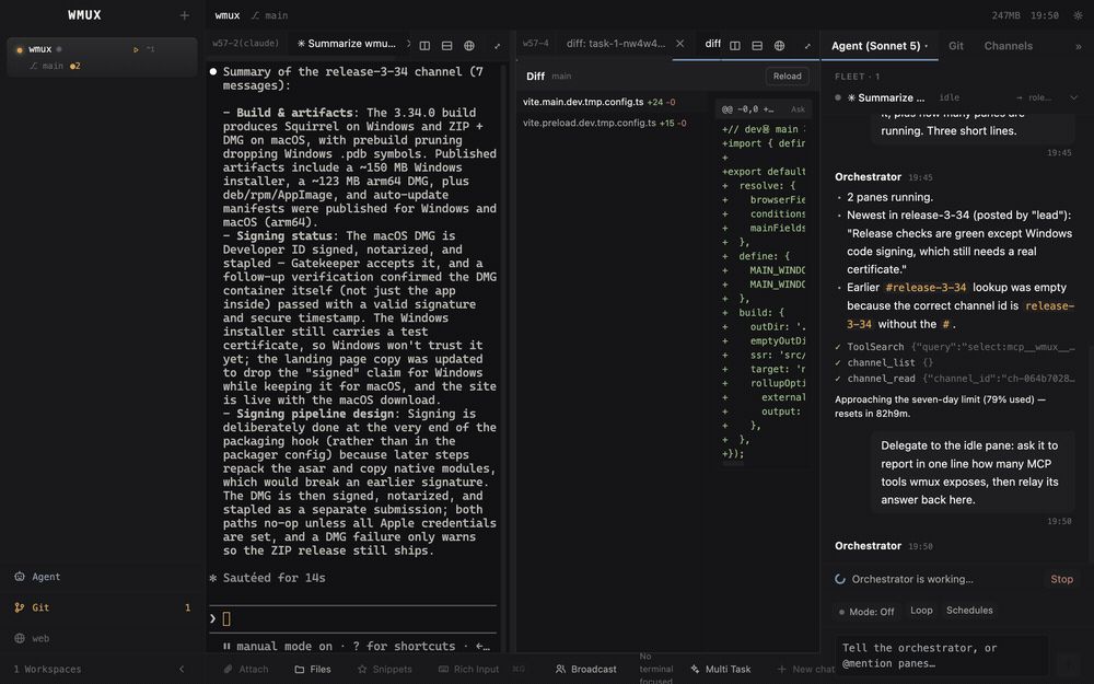 Screen recording of the wmux orchestrator delegating a task to a sub-agent