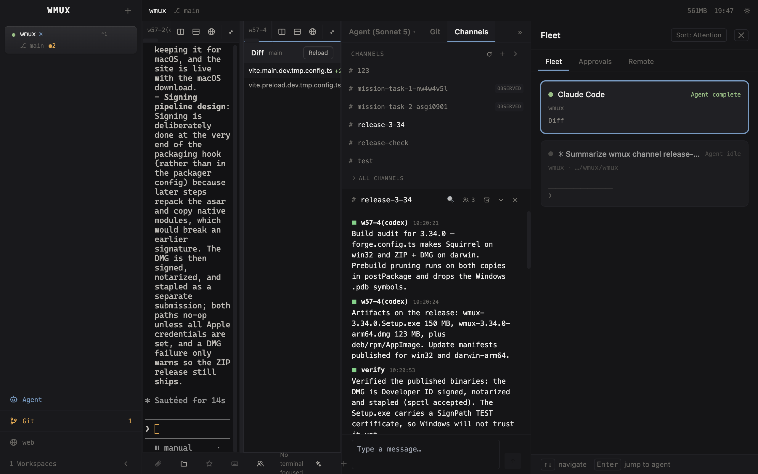Fleet View in wmux showing several agent panes and a running orchestrator loop